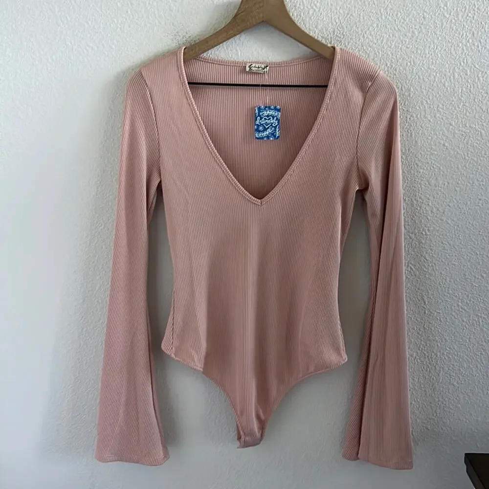 NWT Free People Intimately Charli Bodysuit Mini RIbbed Pink Statement Sleeve S